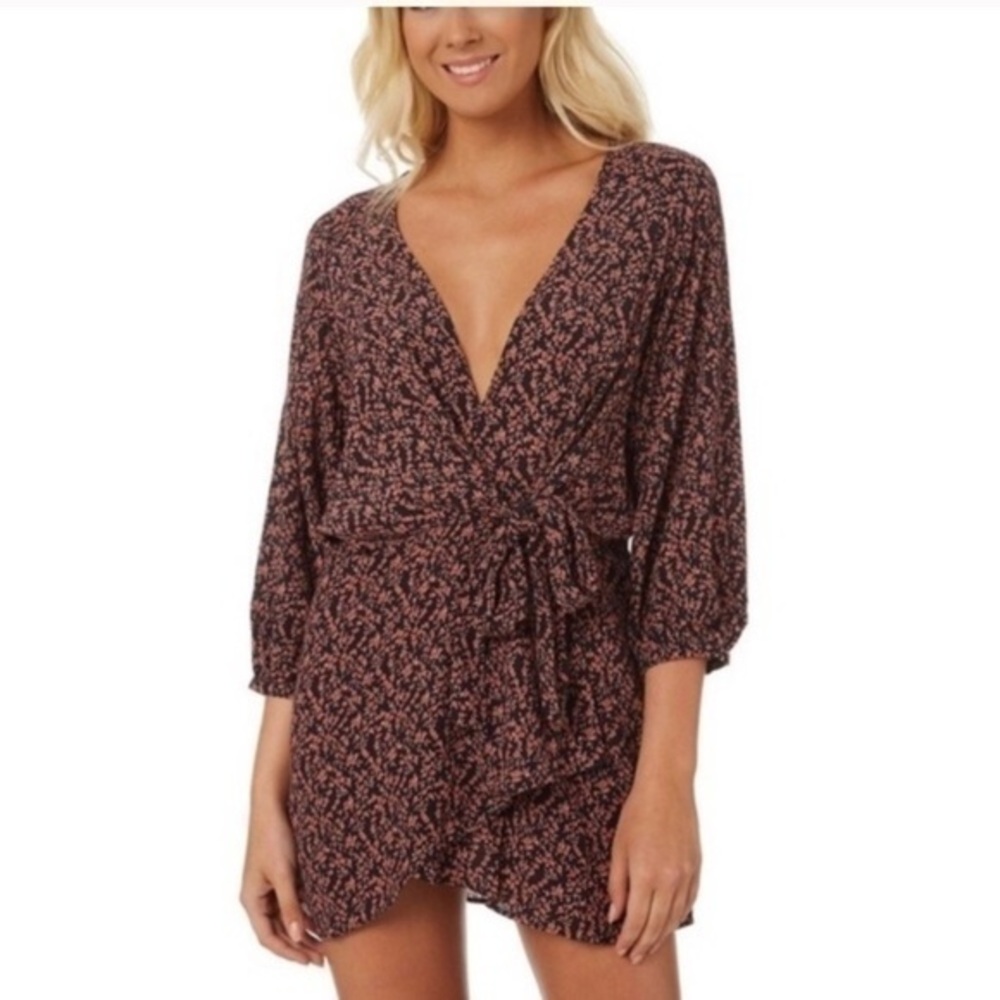 Free People Clara Black Red Floral Faux Wrap Tie Waist Mini Dress XS UU7